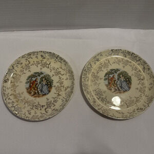 Vintage Royal China Courting Couple 22 karat gold Dessert Plate Set of 2